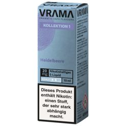 VRAMA Heidelbeere Nikotinsalz Liquid aus der Kollektion 1 in der 10-ml-Flasche. Heidelbeere mit Kühlenote, wählbar mit 0, 10 oder 20 mg/ml Nikotinsalz. Gebrauchsfertig ohne Reifezeit. Jetzt bei LETZ Go bestellen.