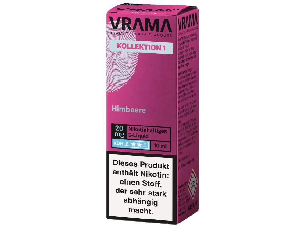 VRAMA - Kollektion 1 - Himbeere Nikotinsalz Liquid 1 VRAMA Himbeere Nikotinsalz Liquid aus der Kollektion 1 in der 10-ml-Flasche. Himbeere mit leicht kühler Note im Abgang, wählbar mit 0, 10 oder 20 mg/ml Nikotin. Sofort verwendbar ohne Anmischen. Jetzt bei LETZ Go bestellen.