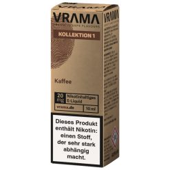 VRAMA Kaffee Nikotinsalz Liquid aus der Kollektion 1 in der 10-ml-Flasche. Kaffee-Aroma, wählbar mit 0, 10 oder 20 mg/ml Nikotin. Gebrauchsfertig ohne Verdünnen oder Reifen. Jetzt bei LETZ Go bestellen.