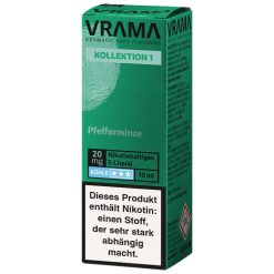 VRAMA Pfefferminze Nikotinsalz Liquid aus der Kollektion 1 in der 10-ml-Flasche. Pfefferminze mit kühlem Menthol-Finish, wählbar mit 0, 10 oder 20 mg/ml Nikotin. Sofort einsatzbereit ohne Anmischen. Jetzt bei LETZ Go bestellen.