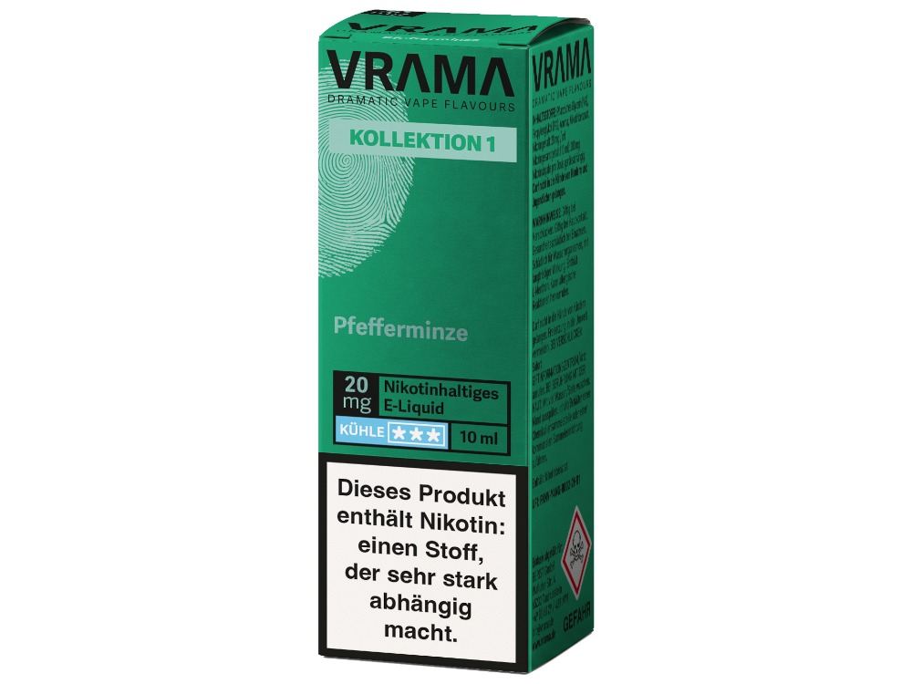 VRAMA - Kollektion 1 - Pfefferminze Nikotinsalz Liquid 1 VRAMA Pfefferminze Nikotinsalz Liquid aus der Kollektion 1 in der 10-ml-Flasche. Pfefferminze mit kühlem Menthol-Finish, wählbar mit 0, 10 oder 20 mg/ml Nikotin. Sofort einsatzbereit ohne Anmischen. Jetzt bei LETZ Go bestellen.